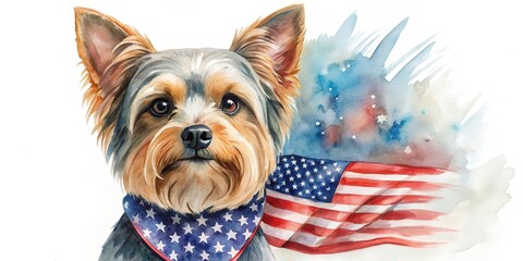 Patriotic watercolor of Yorkshire Terrier dog with American flag bandana, patriotic, watercolor,Yorkshire Terrier, dog