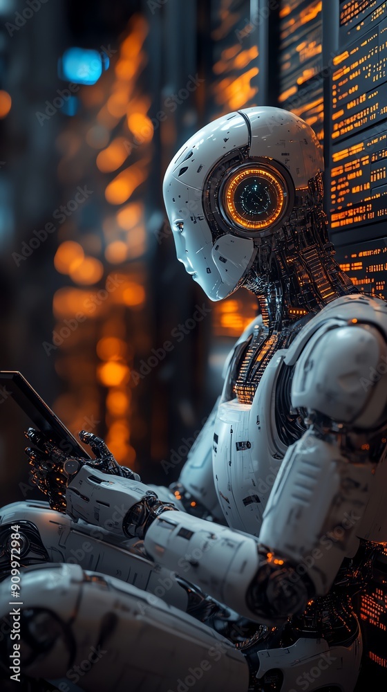 Poster futuristic robot using tablet.