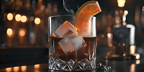 Smoked old fashioned rum cocktail with cubes of ice around on a dark background on a bar in a club or pub. Cocktail drinks served in glass with smoke