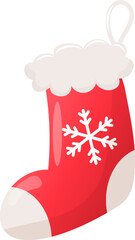 Vector hanging cartoon christmas stocking  in flat style. red christmas sock with snowflake