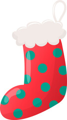 cartoon hanging red christmas stocking with green polka dots. new year gift sock in flat style
