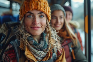Fototapeta premium Group of Adventurers Enjoying a Scenic Bus Ride in the Mountains During Winter