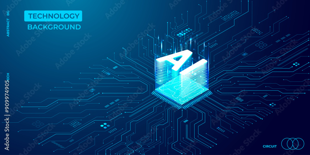 Poster Isometric AI chip hologram in the center of circuit board. Technology blue background. Electronics and Computer concept. Artificial Intelligence neon light icon on circuit board. Vector illustration.