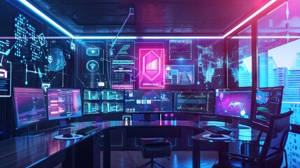 Abstract data room with futuristic design - 3d rendering. AI generated illustration