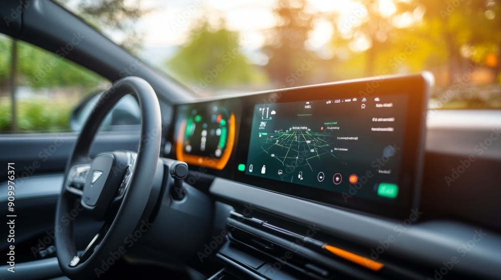 Aufkleber a sleek car interior showcases a high-tech dashboard with a vibrant navigation system as the sun set
