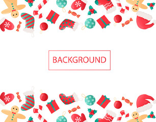 Vector rectangular frame made of cute christmas elements in flat style. christmas background