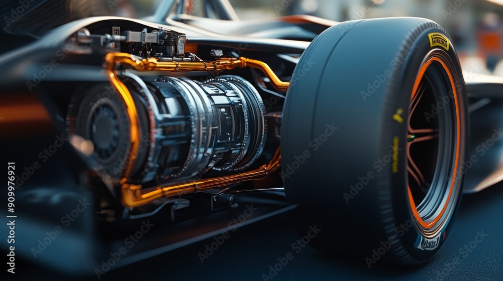 Poster a close-up of a racing car showcasing its intricate engine components and suspension system, highlig
