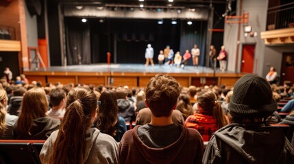 Naklejka premium A diverse group of actors performs on stage while an engaged audience watches intently in a lively community theater