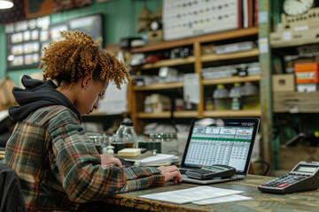 Young woman working on finances in a cluttered workshop, using a laptop and calculator