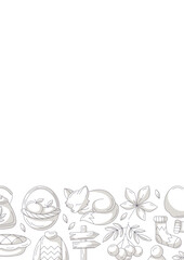 Autumn vertical a4 poster with space for text. Minimalist monochrome gray bottom border frame with fall seasonal cozy elements. For card, banner, invitation, social media, festival or planner.