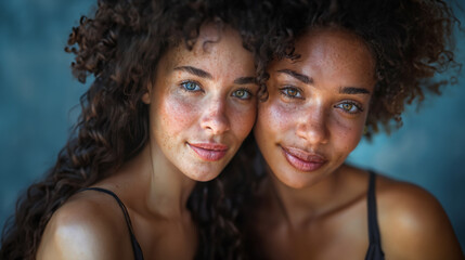 Two young women with freckles sharing a close, intimate moment and a beautiful smile