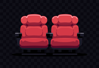 Red cinema chairs isolated. Front view. Rows of seats, red cinema chairs. Movie theatre. Flat style cartoon design. Simple cartoon background. Vector eps10 illustration.