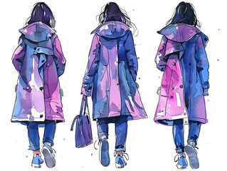 Naklejka premium Woman trench coat sketch watercolor illustration. AI generated