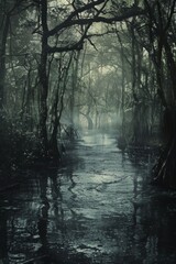 Fototapeta premium A slow-moving river through a dense, silent dark forest