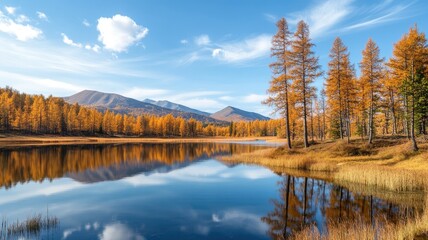 Obraz premium Serene lake reflects colorful autumn trees with mountains in background