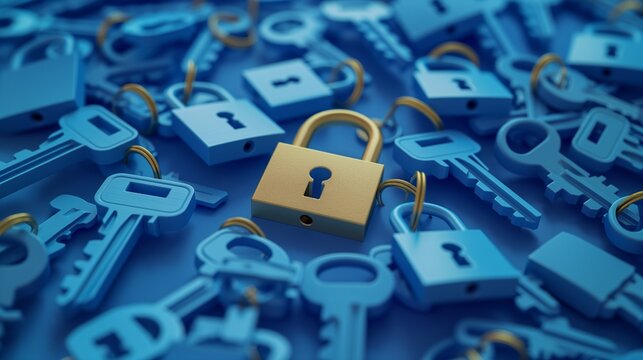 Golden padlock, surrounded by blue keys and locks, security concept, access control, cybersecurity