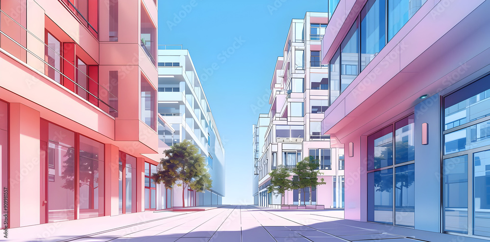 Canvas Prints Cityscape Illustration with Pink and Blue Buildings