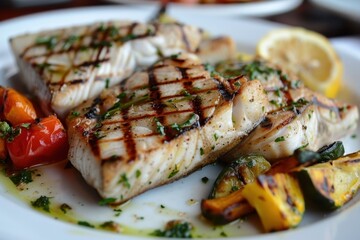 A plate of grilled swordfish steaks, served with a side of roasted vegetables and a drizzle of lemon herb sauce.