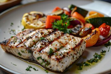 A plate of grilled swordfish steaks, served with a side of roasted vegetables and a drizzle of lemon herb sauce.