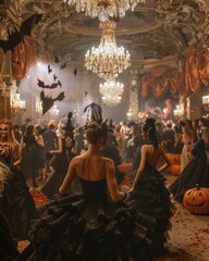 Fototapeta premium Spectacular Halloween Masquerade Ball in an Elegant Grand Ballroom With Intricate Decor and Eerie Atmosphere