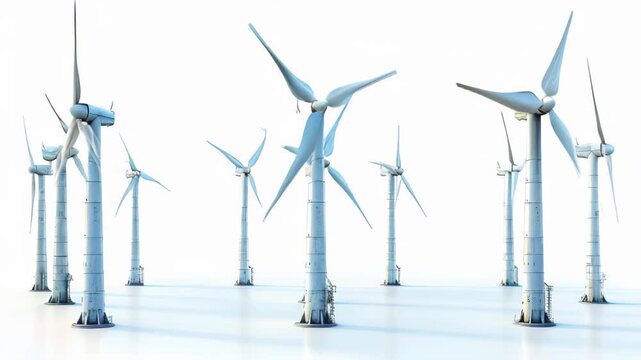 Wind turbines for renewable energy, green concept. white background, copy space