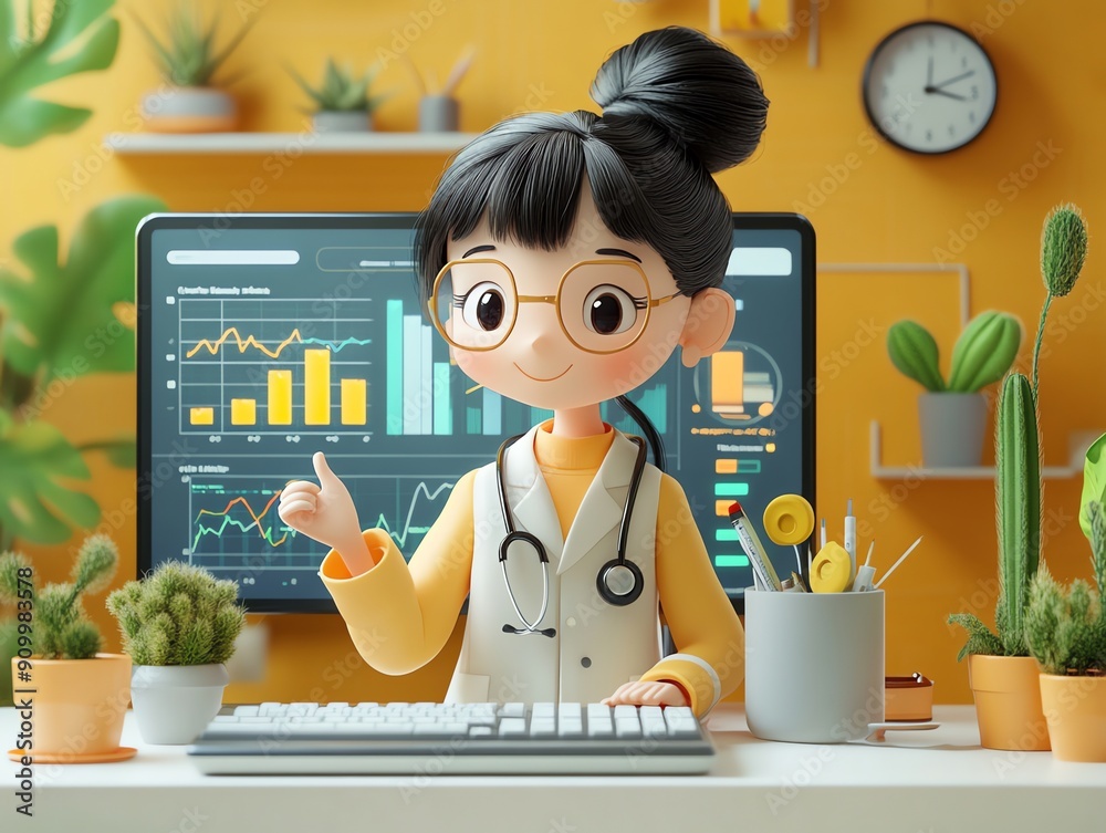Aufkleber cartoon doctor presenting data on computer screen.