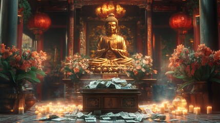 Obraz premium Serene Temple Setting with Donation Box Overflowing with Money Donations