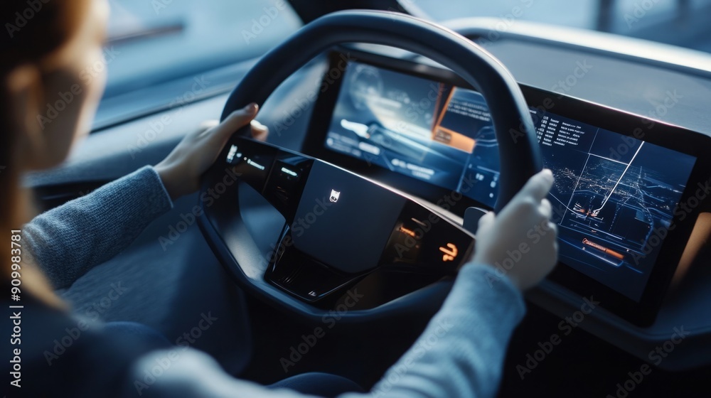 Poster a person is actively engaging with a high-tech dashboard in an innovative vehicle, focusing on sleek