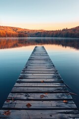 Obraz premium Tranquil Wooden Pier Extending into Serene Lake Surrounded by Autumn Forest at Sunset
