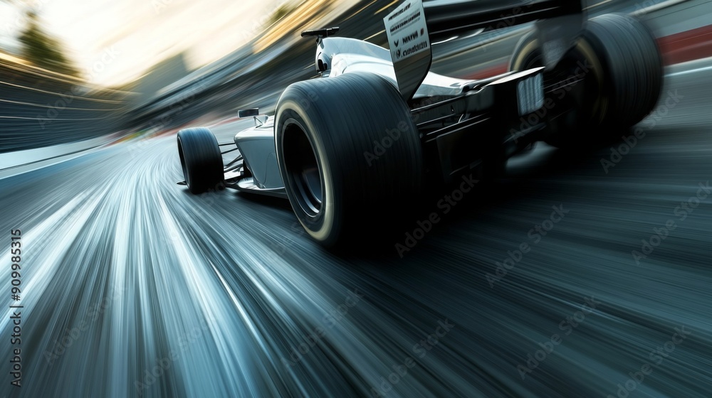 Poster a race car speeds around a track, leaving blurred tire marks as it navigates a sharp turn at sunset.