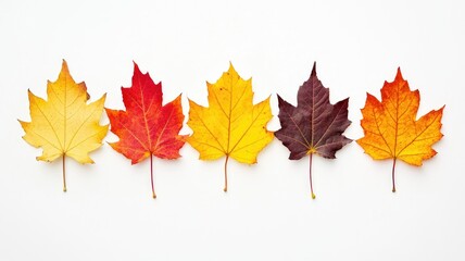 Fototapeta premium Five vibrant autumn leaves in varied colors on white background