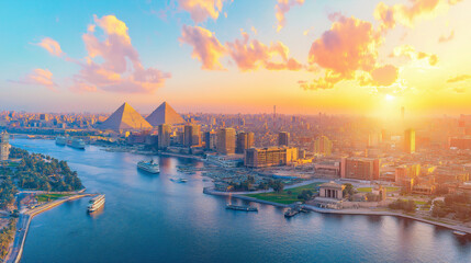 View on the Nile, Cairo city and famous Pyramids in the beautiful panorama of Egypt.