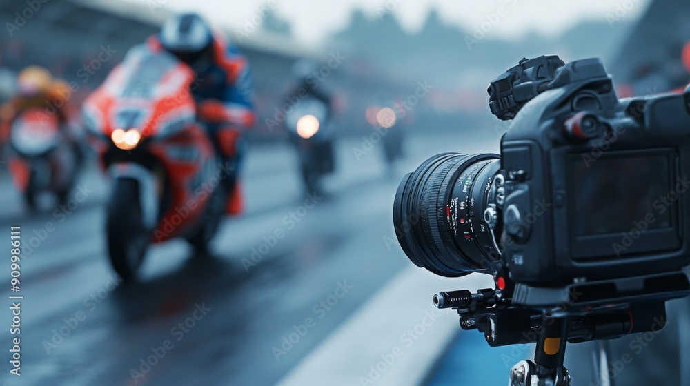 Poster A camera is set up on the track as motorcyclists speed by, showcasing intense racing action at dawn.