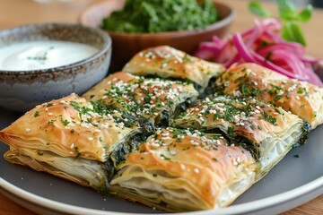 A plate of hortopita, a wild greens pie wrapped in crispy filo pastry, served with a side of Greek yogurt.