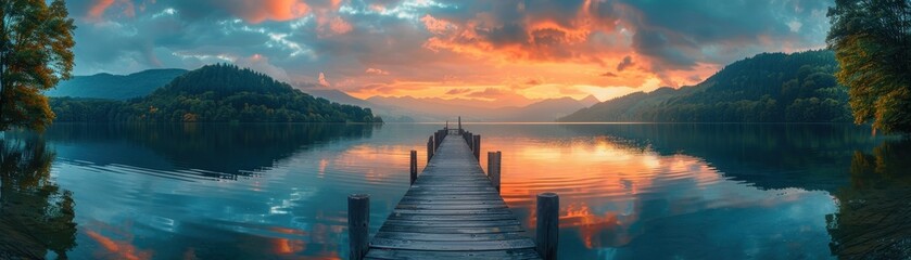Stunning Sunset Over Serene Lake with Wooden Pier and Majestic Mountain Range in the Background