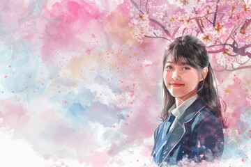 桜と笑顔の女子高校生の水彩画（入学・卒業・青春・合格・受験・試験）