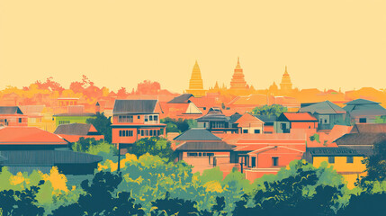 Obraz premium Risograph halftone riso print travel poster, card, wallpaper or banner illustration, modern, isolated, clear, simple of Pyay, Myanmar. Artistic, screen printing, stencil