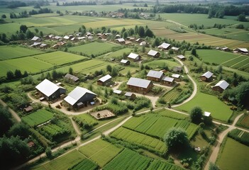 A small village nestled in a mountain valley, viewed from above, surrounded by green fields and forests.