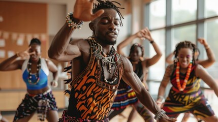 Obraz premium A diverse group performs lively dance routines during a rehearsal in a well-lit studio, showcasing their cultural expressions and rhythmic movements
