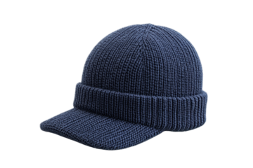 Cozy blue knit winter hat with a visor, perfect for cold weather. Stylish and warm accessory for outdoor activities or casual wear.