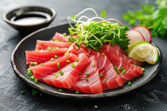 A plate of sashimi tuna, thinly sliced and arranged beautifully, garnished with microgreens and served with soy sauce and wasabi
