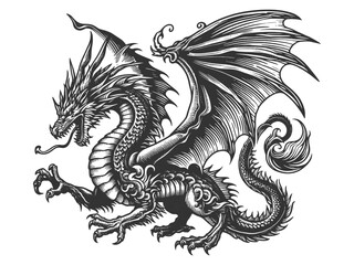 fierce dragon tattoo with detailed scales and wings, intricate line art sketch engraving generative ai fictional character vector illustration. Scratch board imitation. Black and white image.