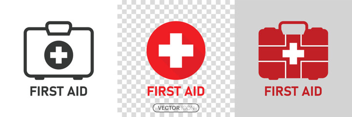 First AID kit with Red cross icon symbol. Medical briefcase icon. First aid medical sign flat icon  in linear style on white & transparent background. vector illustration