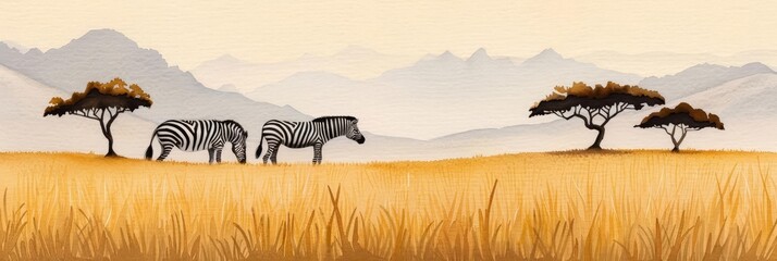 Obraz premium Two zebras stand in a field of tall grass with mountains and trees in the background.