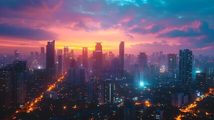 Fototapeta premium Dramatic Cityscape of Skyscrapers at Changing Lights From Dusk Till Dawn