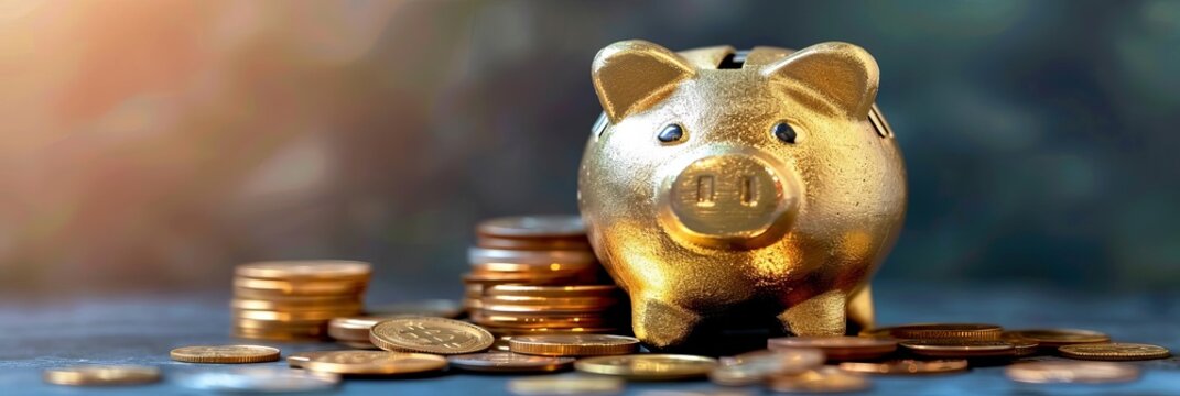 Gold piggy bank with coins background