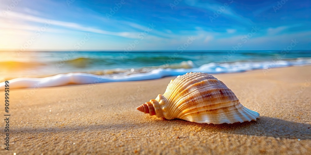 Canvas Prints Beautiful seashell on sand at beach, seashell, beach, shore, summer, tranquil, serene, coastal, ocean, marine, vacation