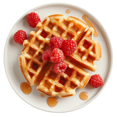 Delicious waffle breakfast with fresh raspberries and maple syrup on a white plate