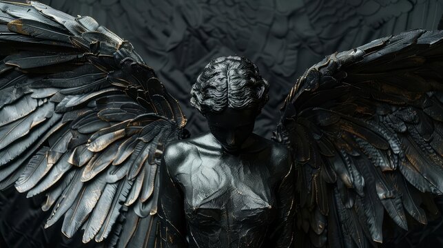 Close-up of a dark and detailed angel statue with outstretched wings.
