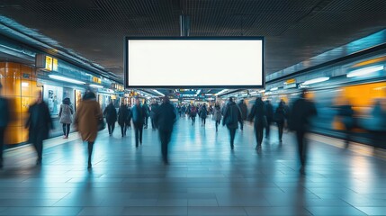 empty billboard in bustling train station blurred commuters urban setting potential for advertising focus on blank space